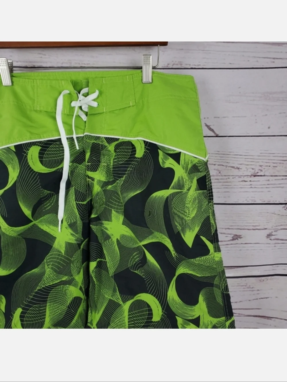 Neon Green Wave Pattern Men's Swim Trunks - Picture 2 of 5